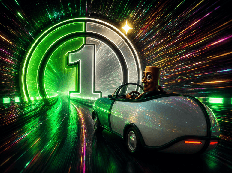 A character speeding down a neon tunnel toward a glowing number one
